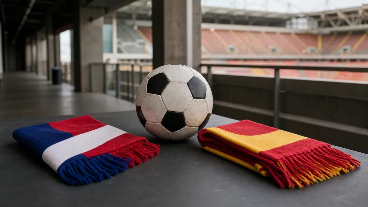 A soccer ball between two plain folded scarves on a quiet stadium concourse table