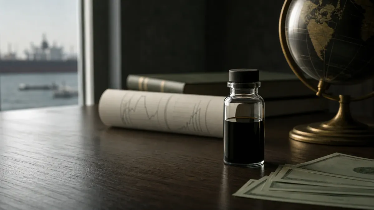 Editorial still life of an oil sample, financial charts, currency and a globe