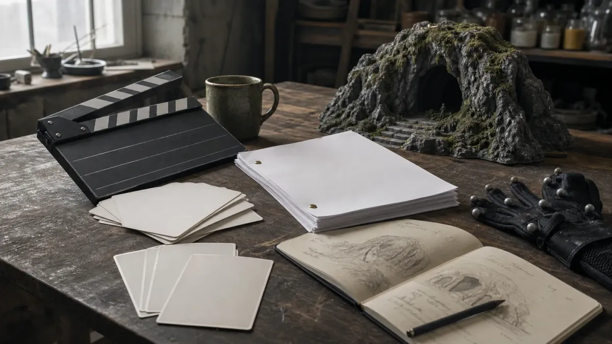A film clapperboard, blank casting cards, script pages, a motion-capture glove and a generic cave miniature on a workshop table