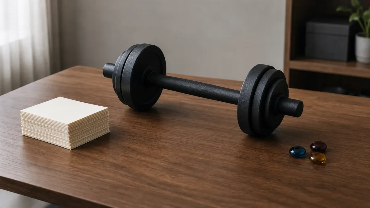 A black barbell on a wooden desk beside a large stack of blank cards and three small colored glass pieces