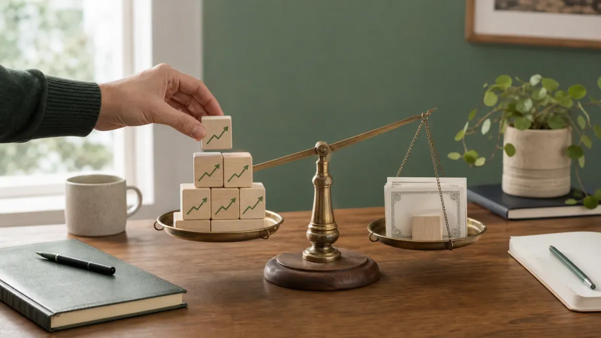 A calm home investing desk with two balanced stacks of wooden blocks representing stocks and bonds