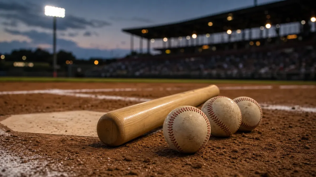 A baseball bat and several baseballs on dirt near home plate under stadium lights