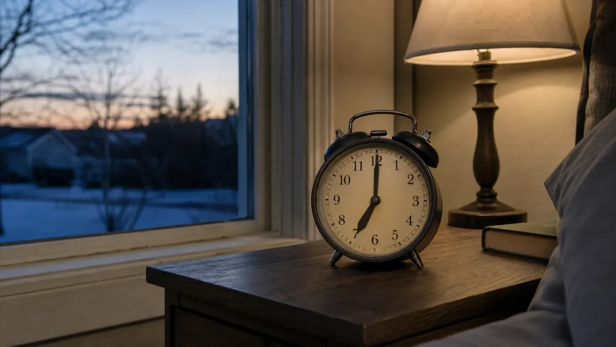 Analog alarm clock beside a window before sunrise on a winter morning