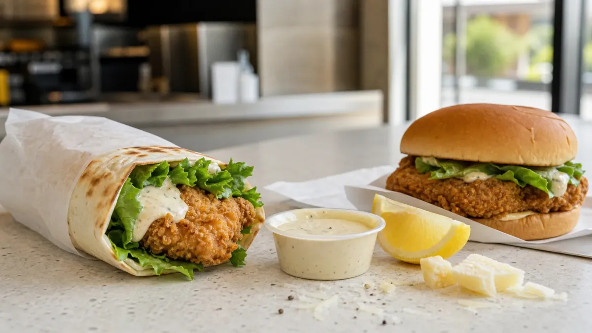 A generic fast-food chicken wrap, sandwich and dipping cup on a restaurant counter