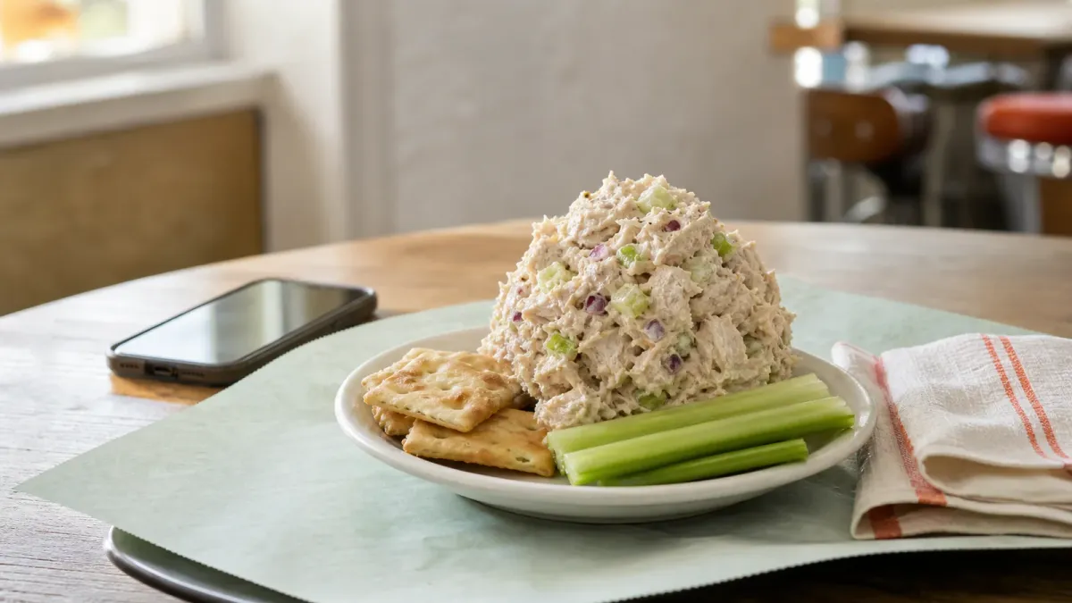 A scoop of Southern-style chicken salad served with crackers and celery on a casual restaurant table