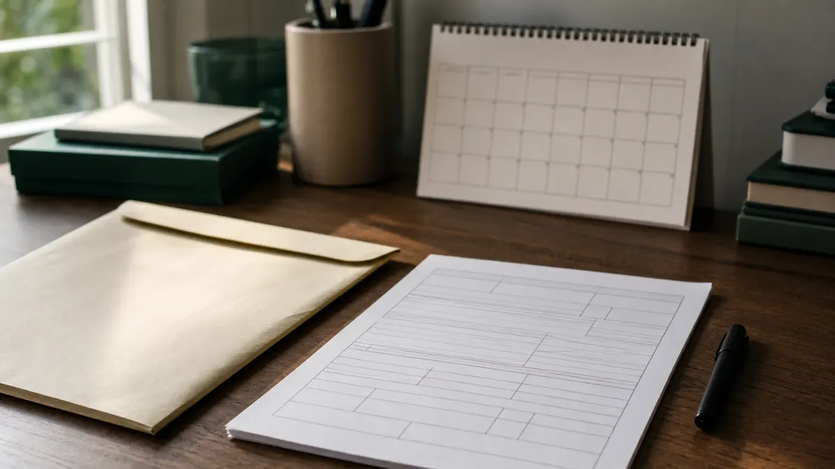 An unopened Selective Service information envelope beside a calendar on a quiet desk