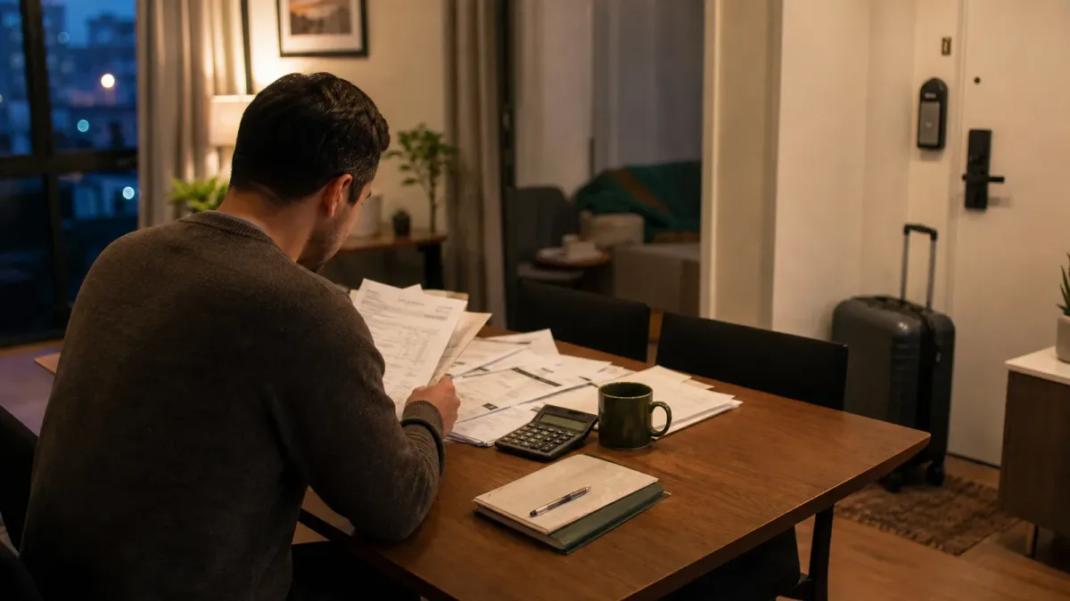A short-term rental owner reviewing bills and property documents beside house keys