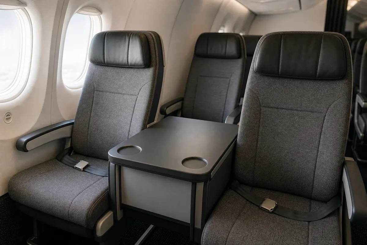A generic airplane economy row with the middle seat space converted into a shared table