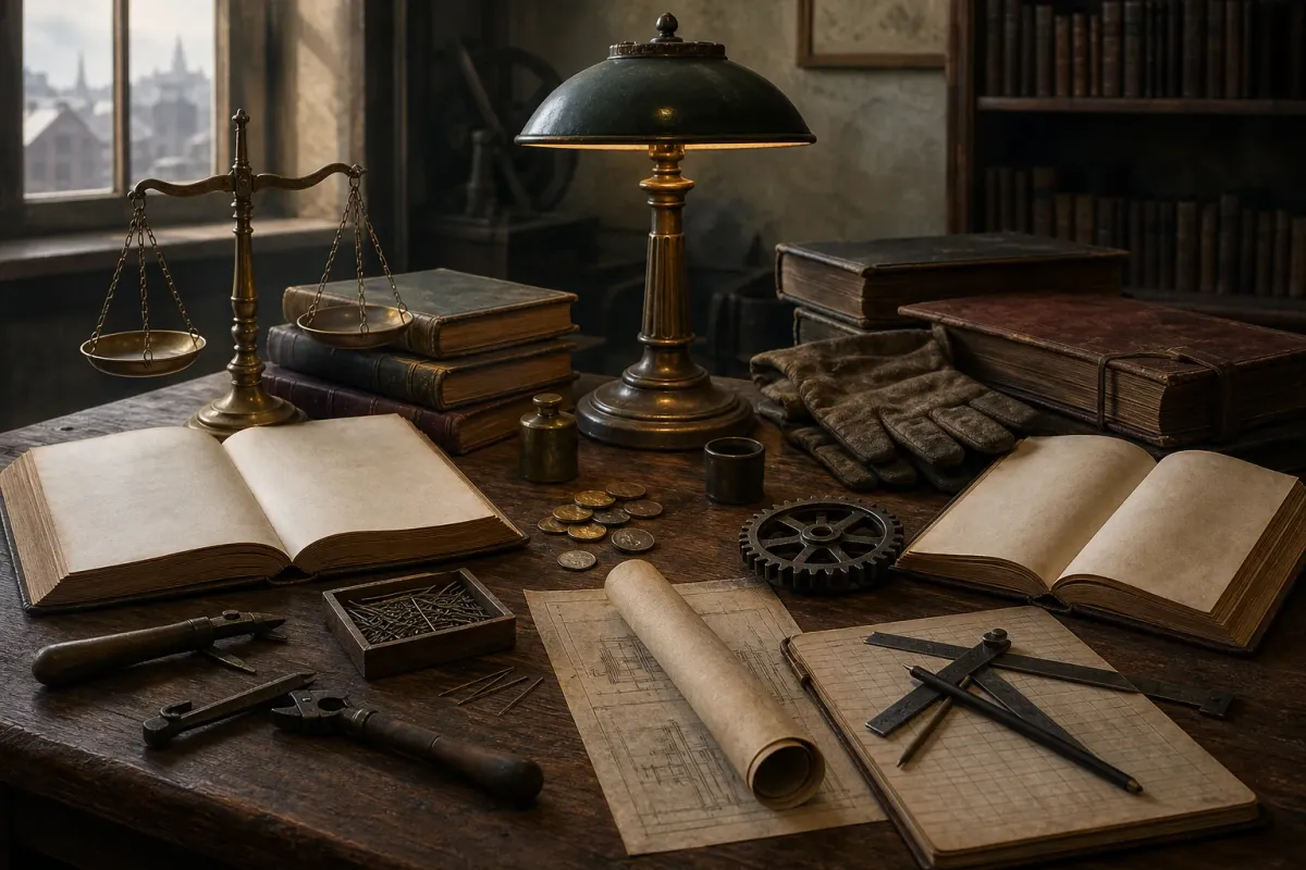 An editorial still life with market ledgers, a balance scale, factory gloves and industrial tools arranged around a shared lamp