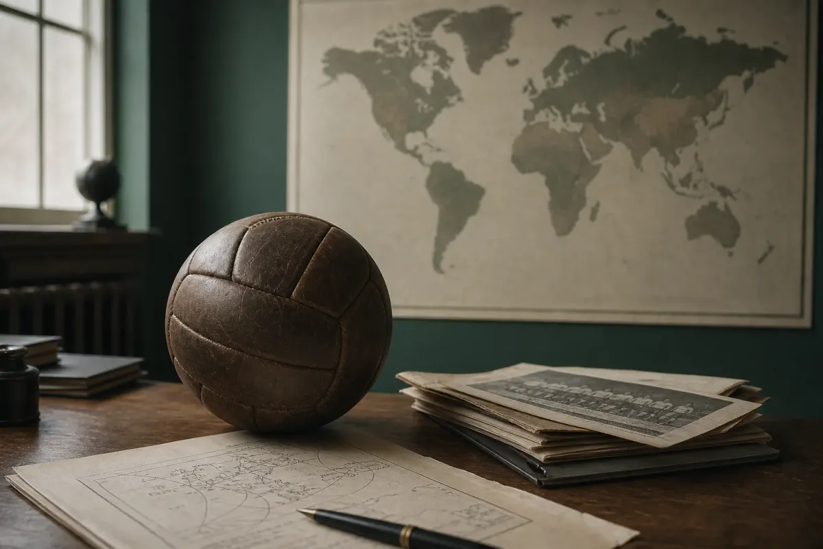 An old leather football on a desk with archival papers and an abstract world map