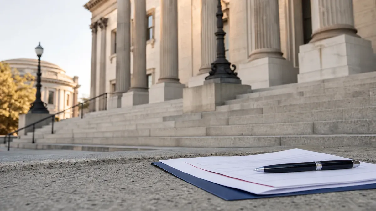 A document and pen resting on civic building steps, representing a Senate appointment process