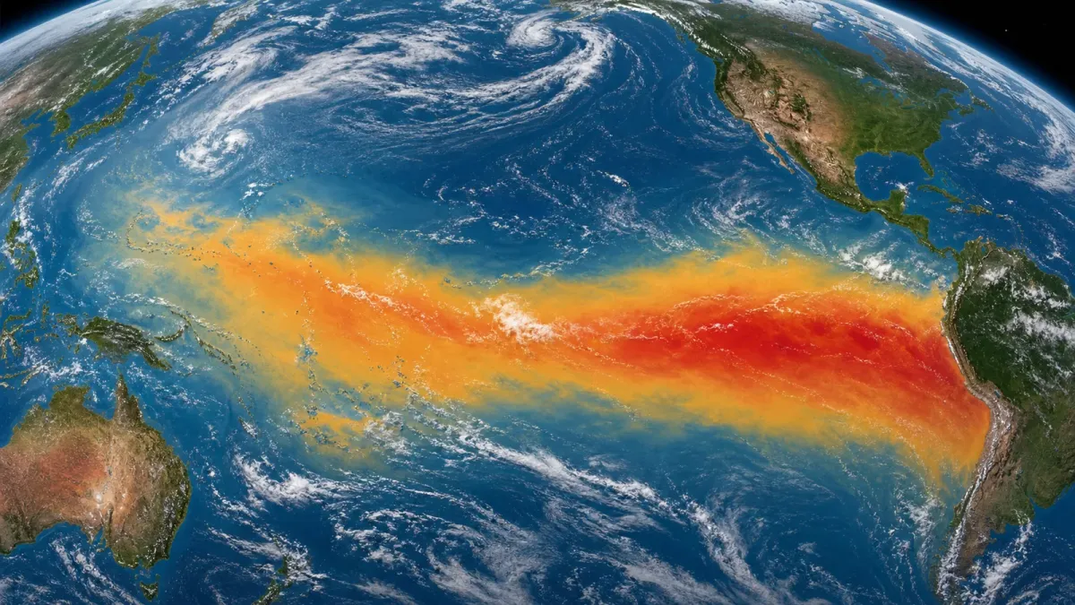 Satellite-style view of the Pacific Ocean with warm sea surface temperature bands across the equator
