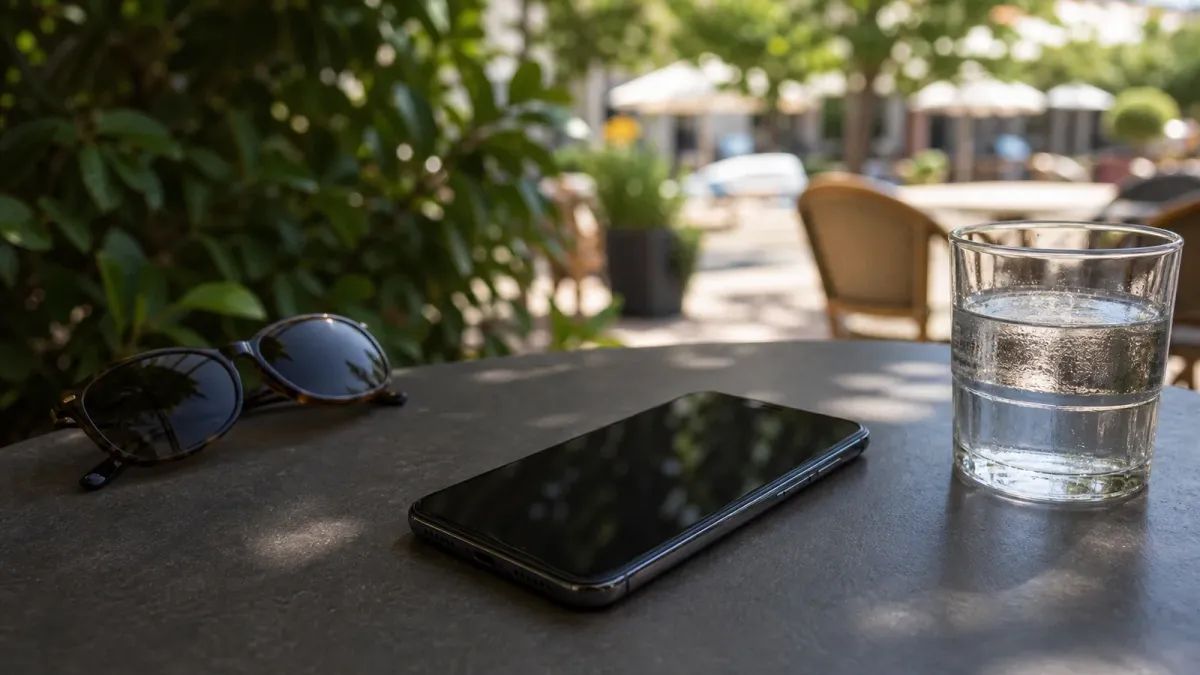 A smartphone resting in shade on an outdoor cafe table beside sunglasses and a glass of water