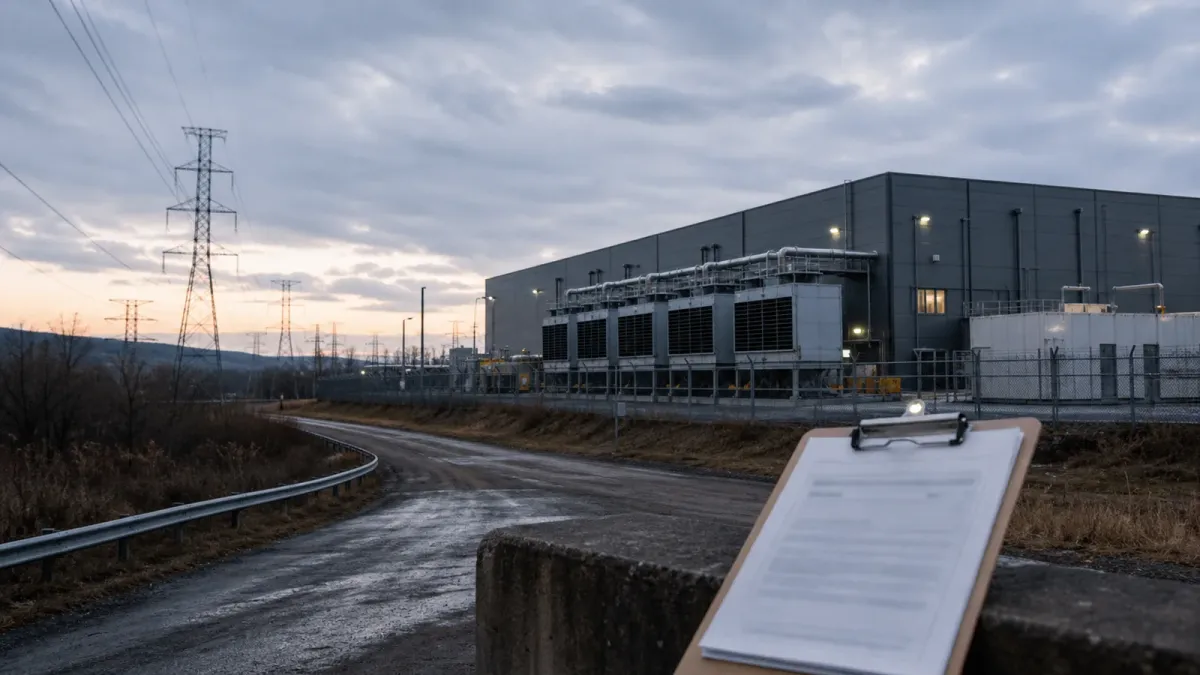 A generic data center complex with power lines and cooling equipment under an overcast sky
