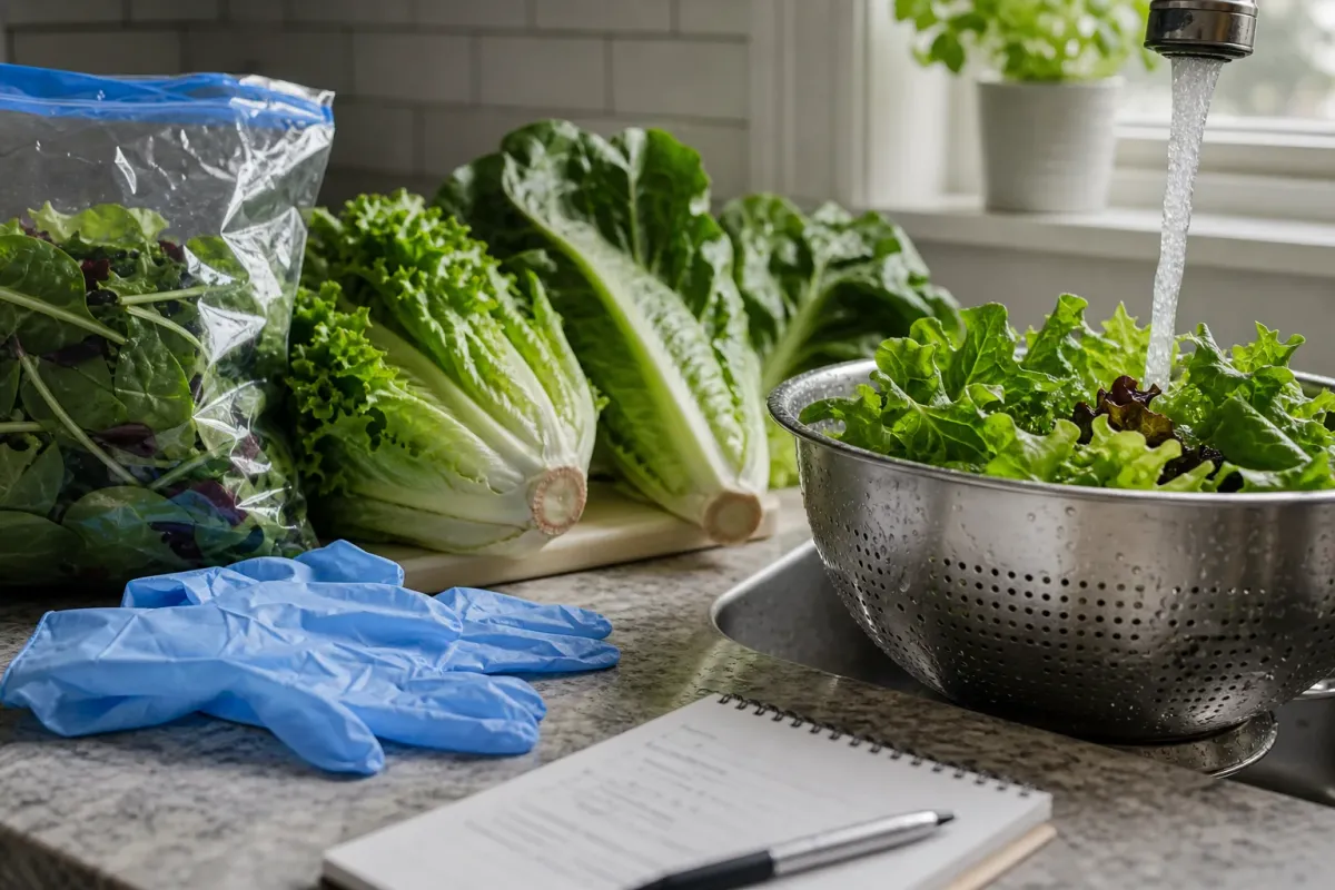 Lettuce and salad greens being washed in a kitchen sink during a food safety check