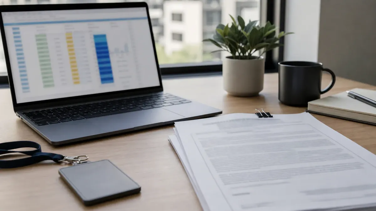 A laptop with blurred data, a face-down badge, and a blurred legal document on an office desk