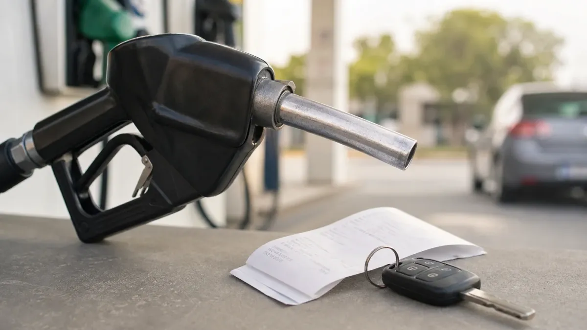 A gas pump handle beside a receipt and car keys at a station, illustrating fuel costs and household inflation