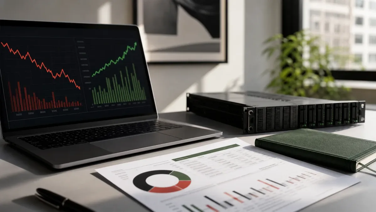A laptop with abstract market charts beside a server and financial papers on an analyst desk