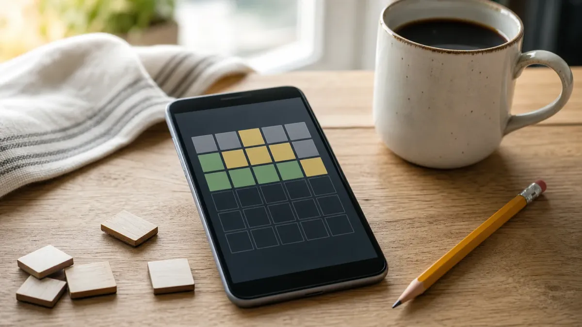 A phone showing a blank colored word-puzzle grid beside coffee and face-down wooden tiles