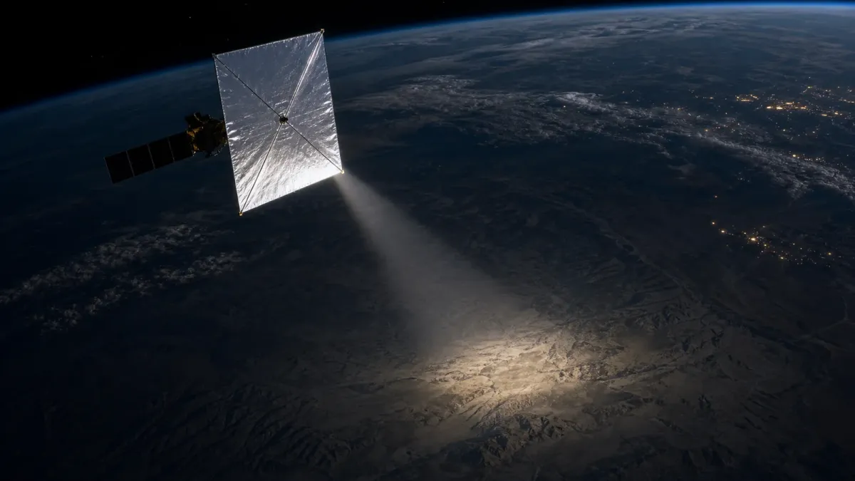 Illustration of a satellite with a reflective sail directing a narrow beam of sunlight toward the night side of Earth