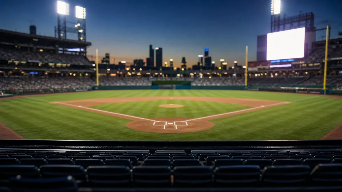 A generic evening baseball stadium viewed from behind home plate under bright lights
