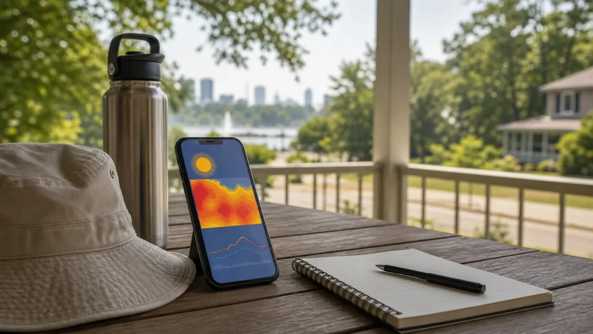 A phone with a heat forecast graphic beside a water bottle, hat and notebook on a shaded porch table