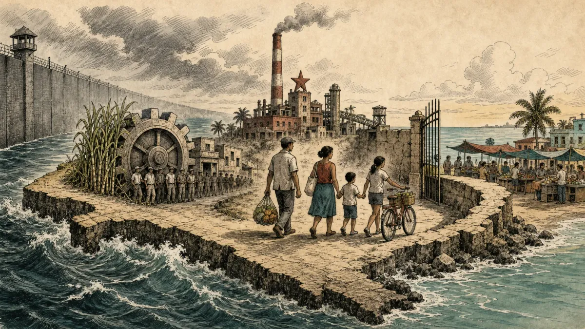 Editorial political cartoon showing a Cuban family walking from a state-run industrial landscape toward a partly opened market gate