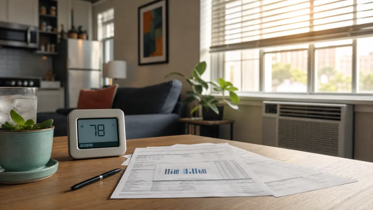 A thermostat set to 78 beside a utility bill in a sunlit apartment with a window air conditioner