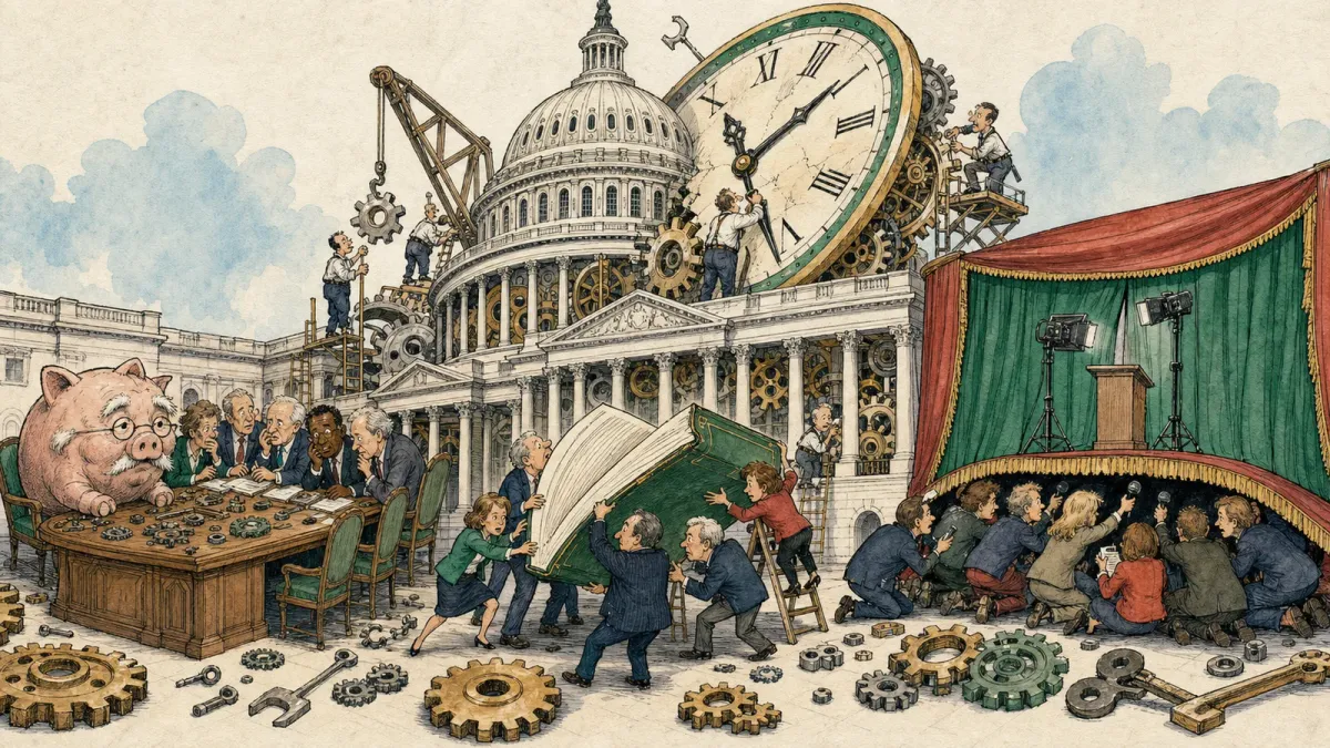 Editorial cartoon showing the U.S. Capitol as a chaotic clockwork workshop with a giant clock, an elderly piggy bank and a curtained television stage