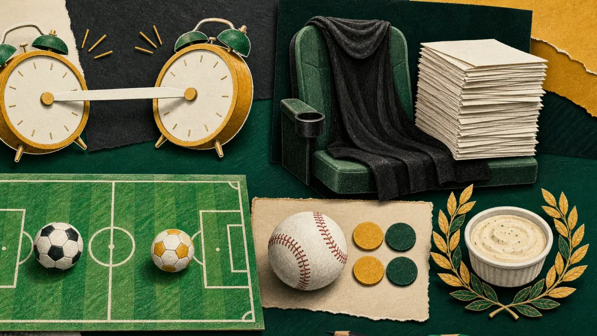 Editorial collage of clocks, an empty cinema chair, soccer and baseball pieces, and a laurel-wreathed sauce cup