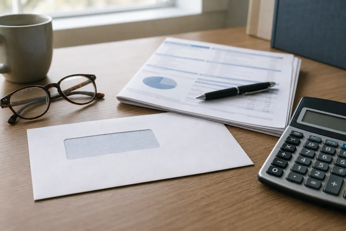 A benefits envelope, calculator, glasses, pen, and blurred budget worksheet on a desk