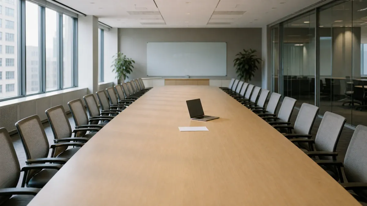 An oversized office conference table surrounded by empty chairs with one laptop at its center