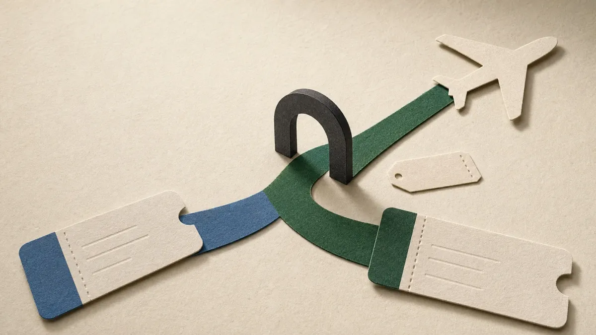 Cut-paper illustration of two differently colored boarding-pass paths merging at one gate and leading to a single airplane