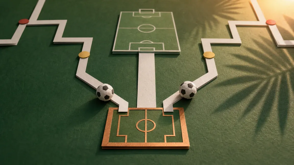 Cut-paper soccer bracket paths leading toward a smaller bronze-place pitch before a distant final field