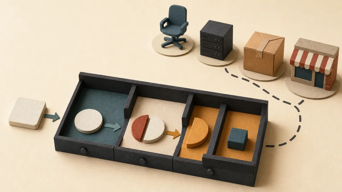 Cut-paper illustration of one paid order separating direct costs from a retained margin that supports a small overhead block