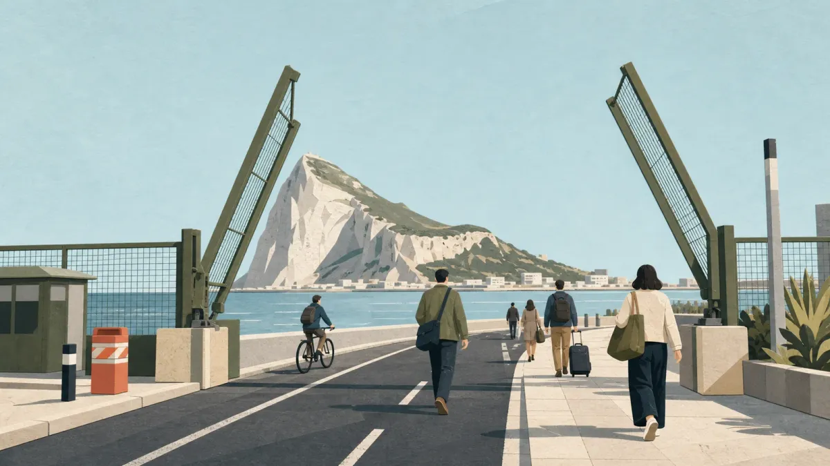 Illustration of an opened border crossing with old fence panels set aside near a limestone headland.