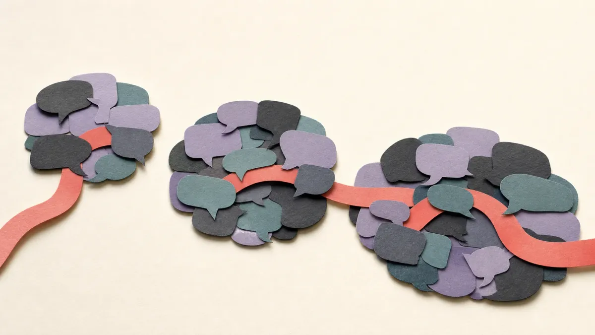 Layered paper conversation paths gathering into three distinct interest communities