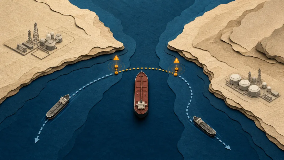 Editorial illustration of a narrow sea channel with cargo vessels diverted around a marked blockade boundary