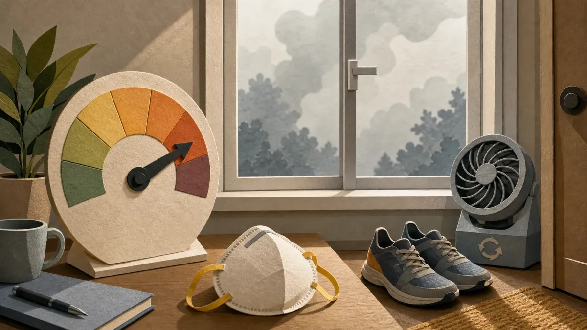 Illustration of an indoor air-quality decision scene with a smoky closed window, AQI dial, N95 mask, fan and running shoes.
