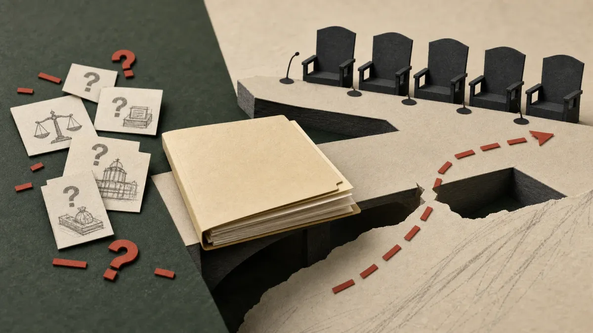 Editorial illustration of a nomination folder paused between question cards and an empty witness panel.