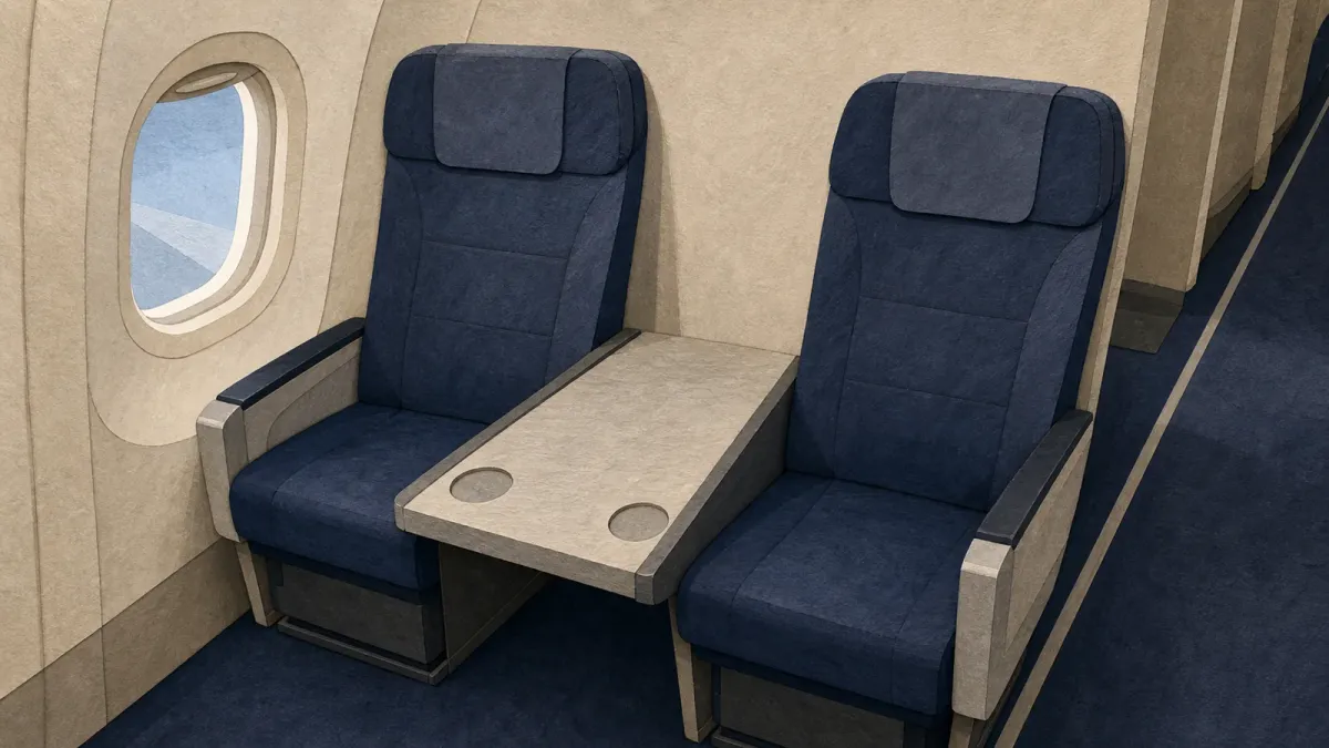 Illustrated airplane economy row with the middle seat replaced by a shared table between two seats.