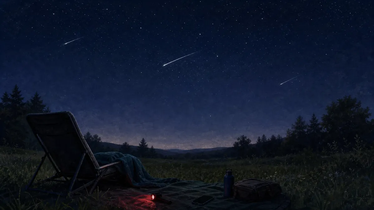 A dark rural meteor-watching setup with a reclining chair, red flashlight, and a few meteor streaks under a moonless sky.