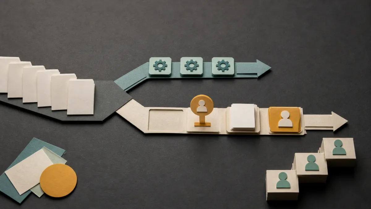 Cut-paper illustration of blank work tasks splitting between an automated lane and a human review path