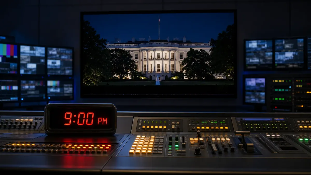 A broadcast control room clock reads 9:00 PM in front of a monitor showing the White House at night.