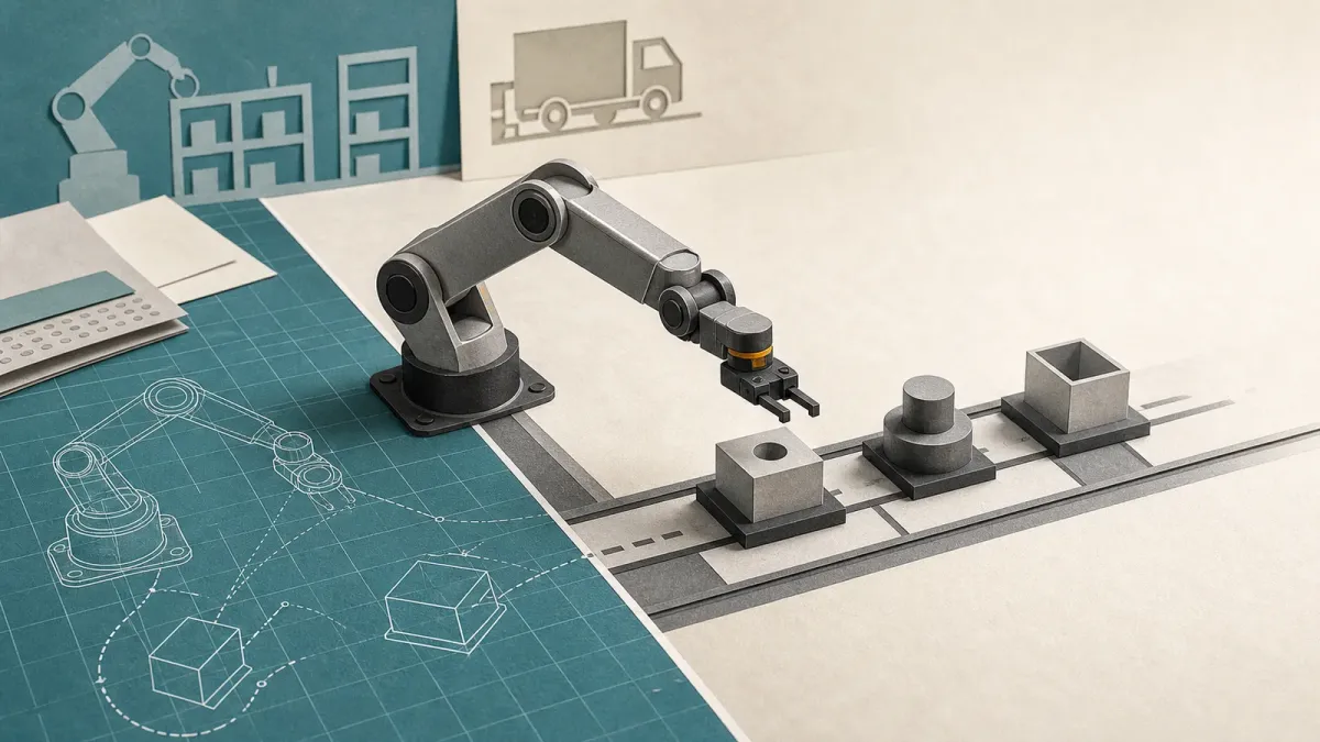 Editorial illustration of a robot arm moving from a digital simulation grid into a physical factory workcell.