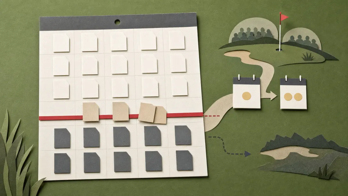 Illustration of anonymous golf score tiles divided by a cut-line threshold, with tied tiles continuing toward the weekend rounds.
