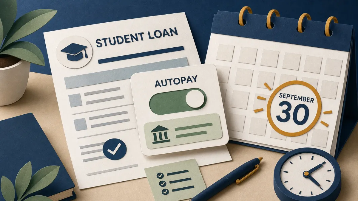 Illustration of a student loan bill, autopay switch, and calendar deadline