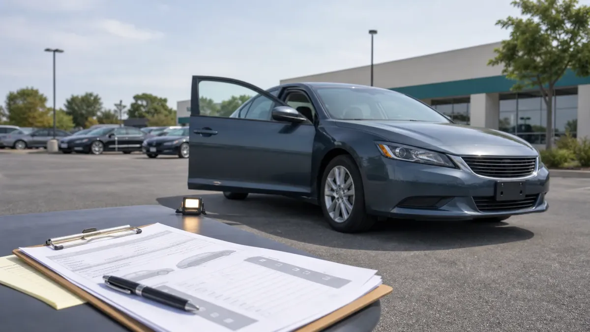 Realistic scene of a used car on a lot with VIN paperwork and an inspection checklist in the foreground