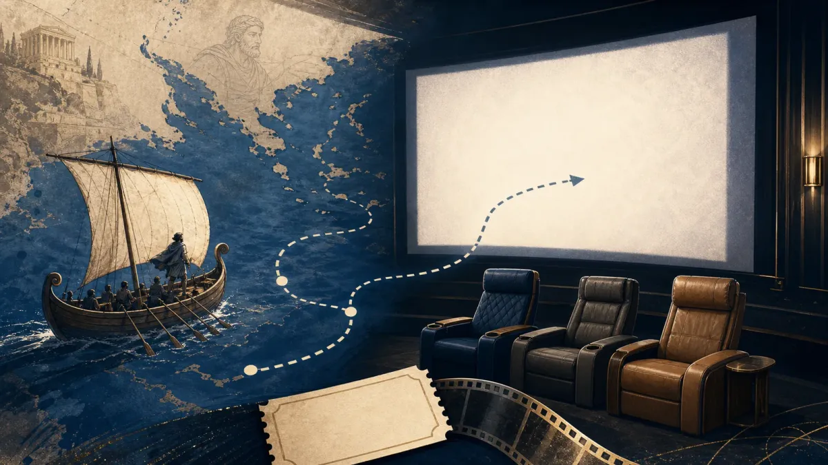 An illustrated ancient ship route passing through a large theater screen toward marked premium-format seats