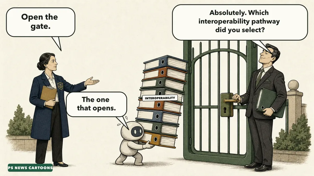 Editorial cartoon showing a regulator asking a corporate gatekeeper to open a giant smartphone-shaped gate while a small rival AI assistant is buried under interoperability paperwork.